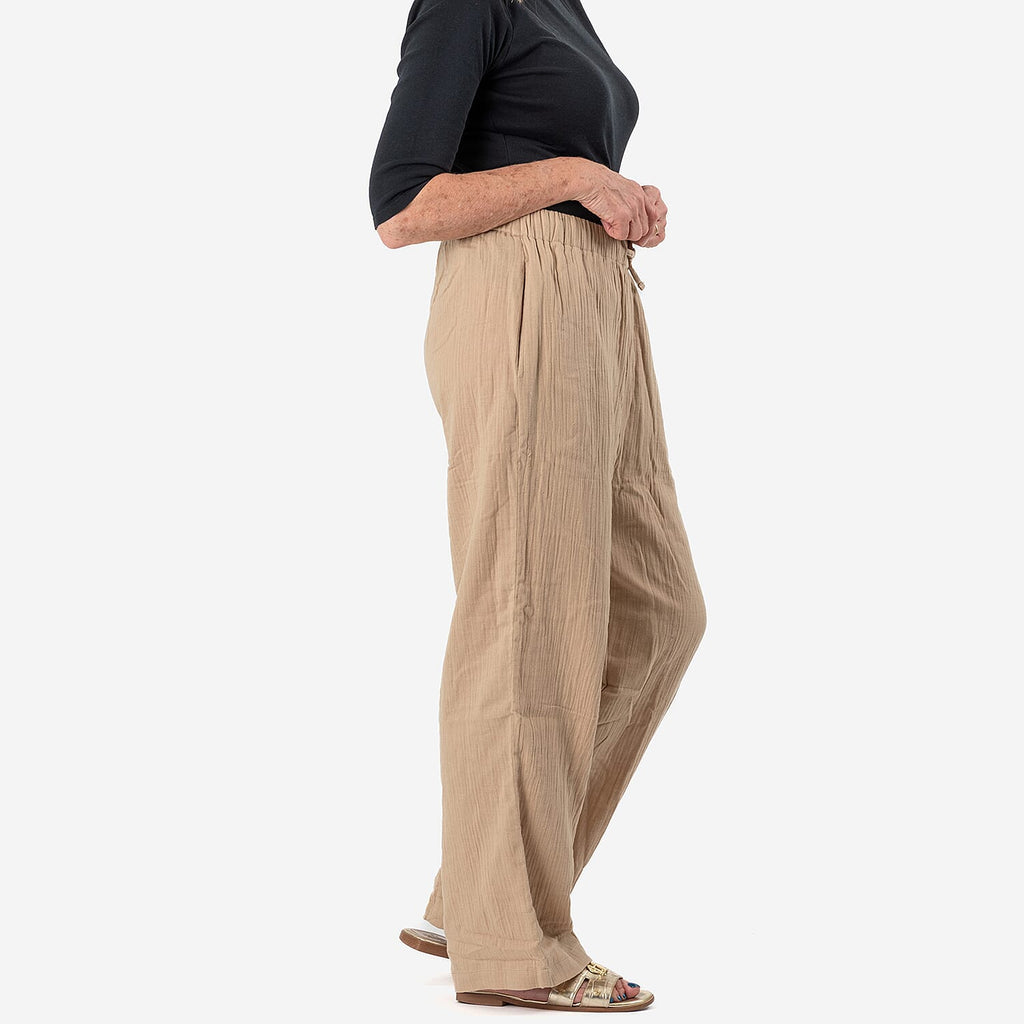 Tamsy 100% Cotton Casual Elasticated Waist Trousers (Size 16to18) - Stone