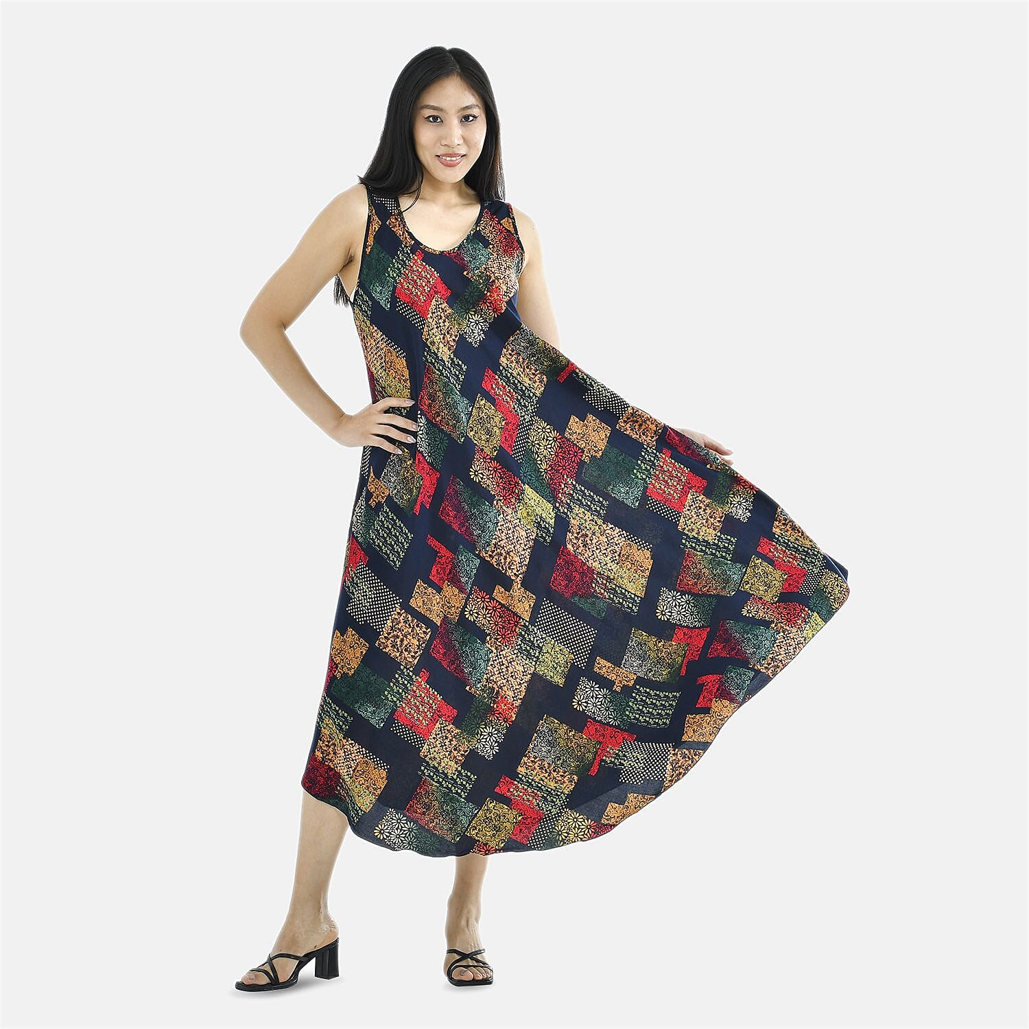 Tamsy Viscose Abstract Pattern Umbrella Dress (Size 130x59 Cm) - Multi and Black 7157118 0