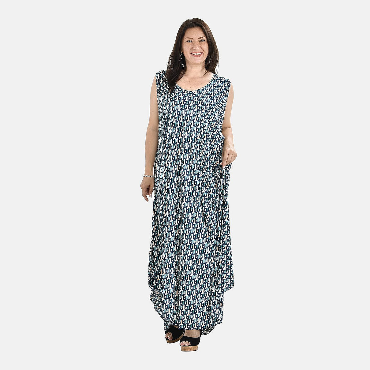 TAMSY Irregular Figure Print Umbrella Dress - Teal Blue 7364217 0