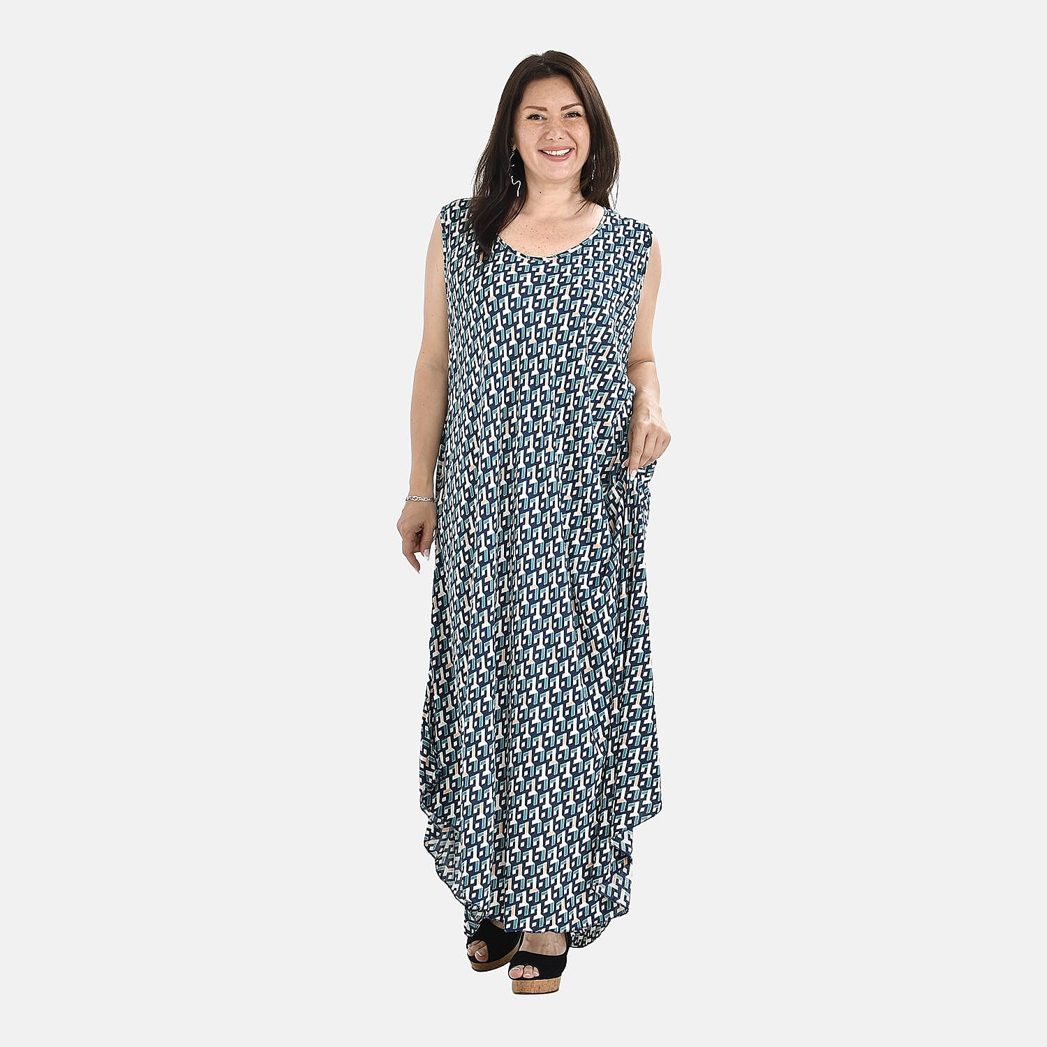 TAMSY Irregular Figure Print Umbrella Dress - Teal Blue 7364217 0