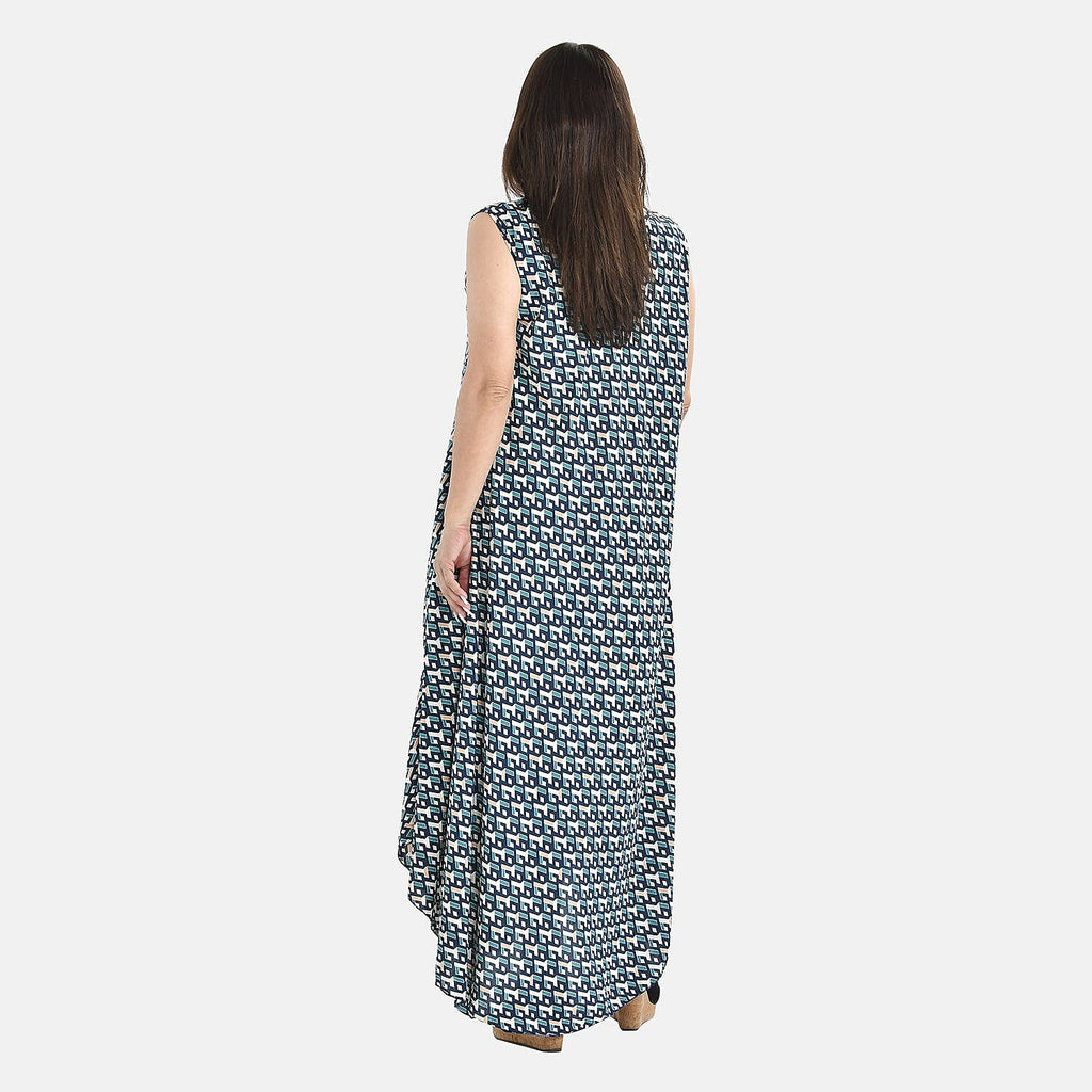 Tamsy 100% Viscose Irregular Figure Print Umbrella Dress (One Size, 8-18) - Teal Blue