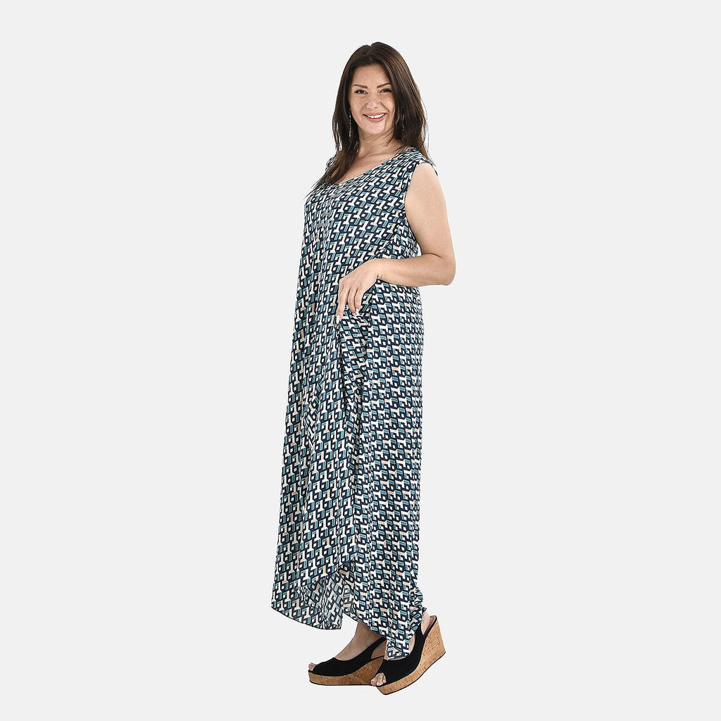 Tamsy 100% Viscose Irregular Figure Print Umbrella Dress (One Size, 8-18) - Teal Blue