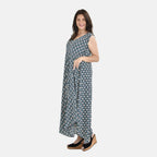 Tamsy 100% Viscose Irregular Figure Print Umbrella Dress (One Size, 8-18) - Teal Blue