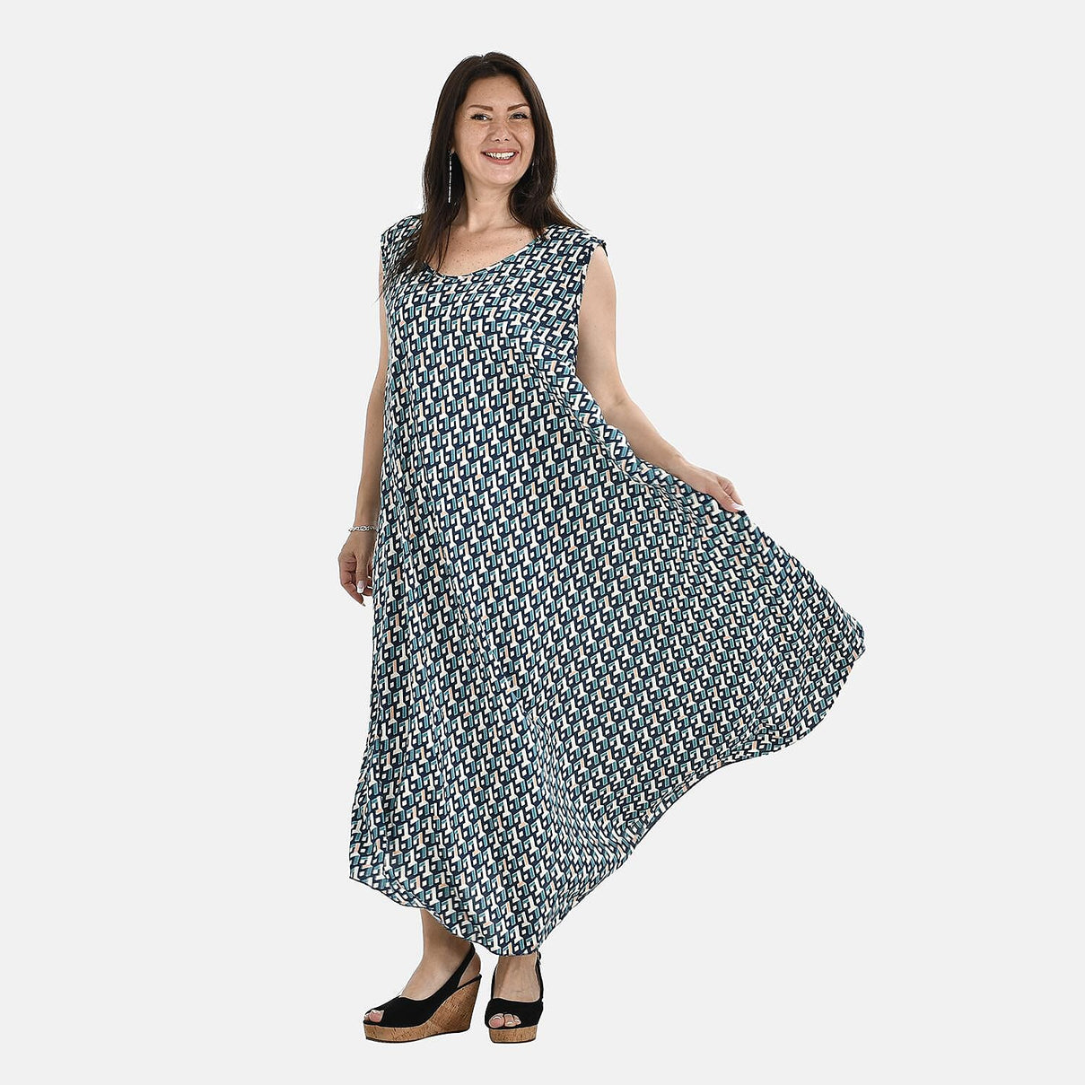 TAMSY Irregular Figure Print Umbrella Dress - Teal Blue 7364217 4