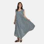 Tamsy 100% Viscose Irregular Figure Print Umbrella Dress (One Size, 8-18) - Teal Blue