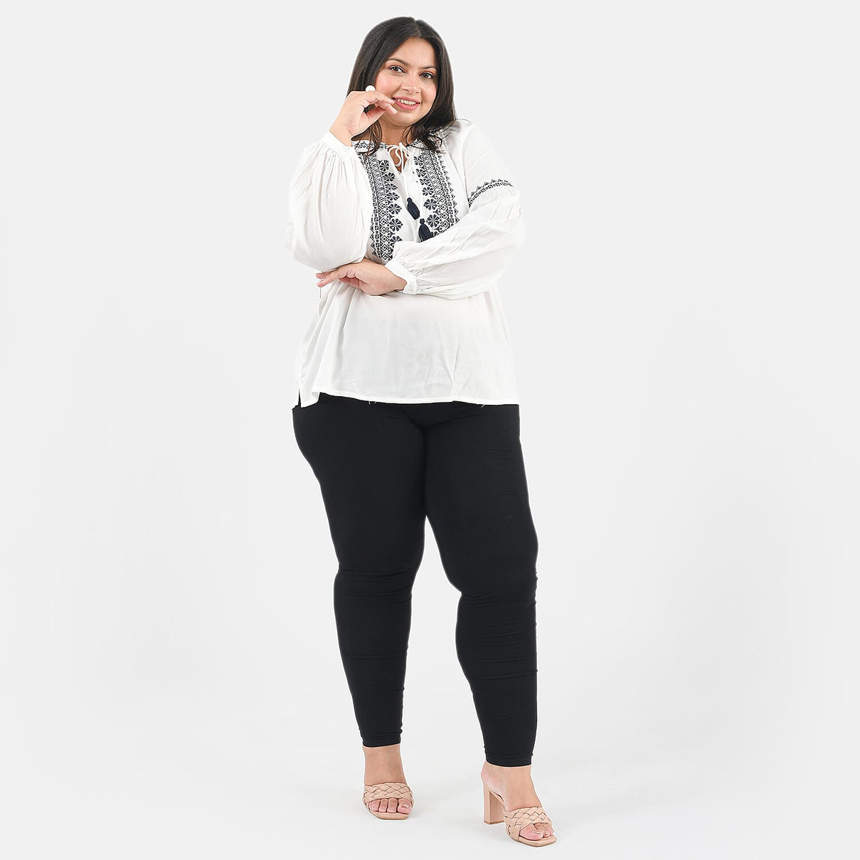 TAMSY Embroidery Top with Doori Tassel Full Sleeves - White 7439594 0