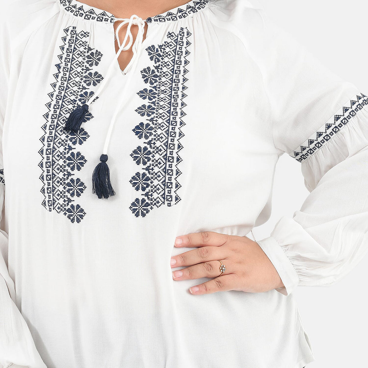 TAMSY Embroidery Top with Doori Tassel Full Sleeves - White 7439594 4