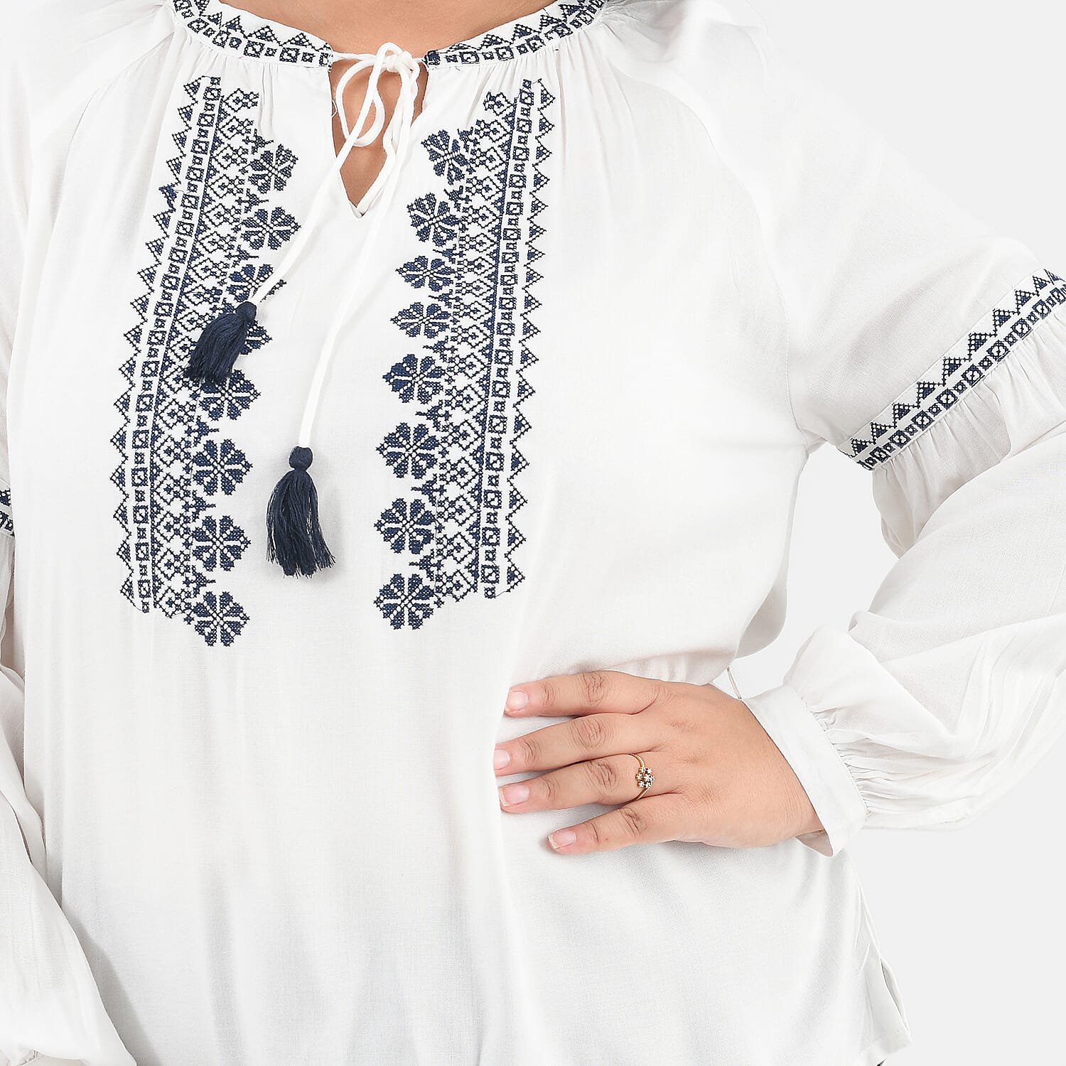 TAMSY Embroidery Top with Doori Tassel Full Sleeves - White 7439594 4