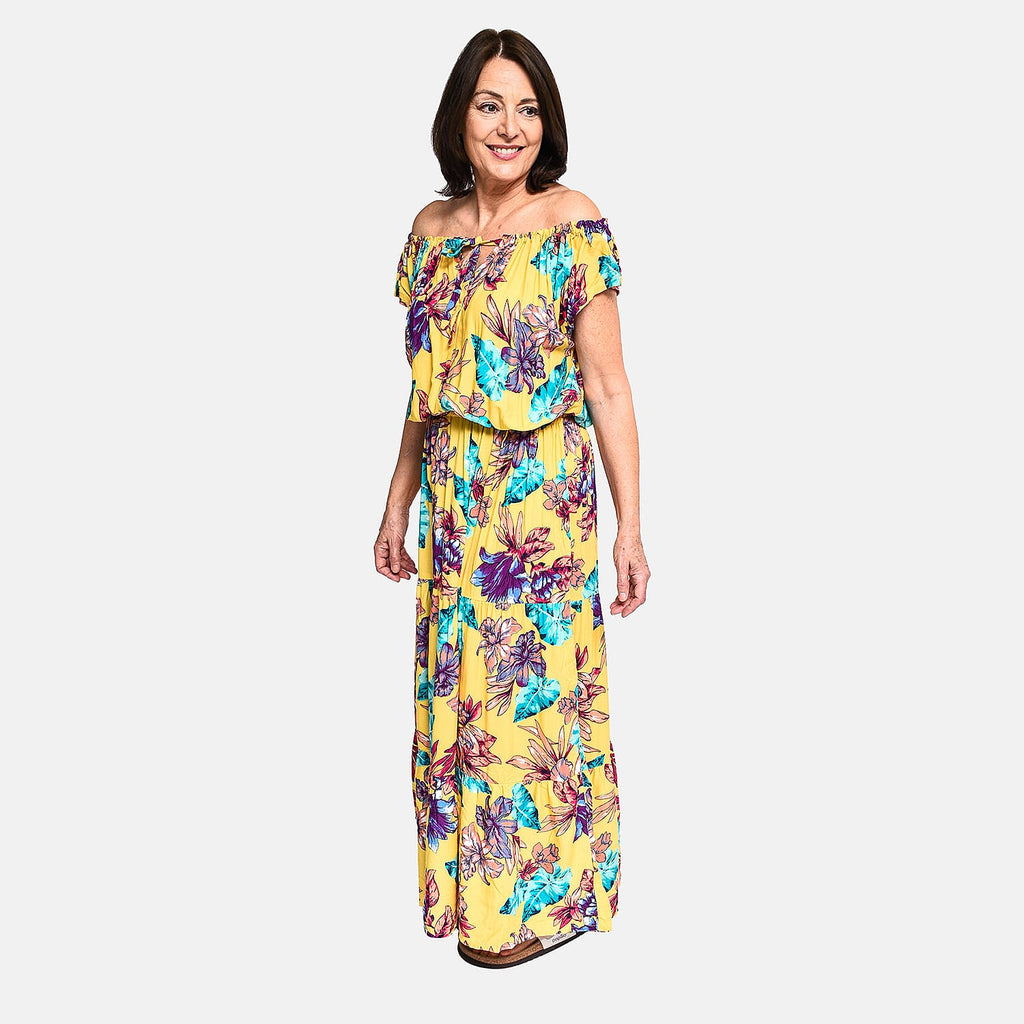 Tamsy 100% Viscose Floral Pattern Off Shoulder Maxi Dress (20 - 26) - Yellow