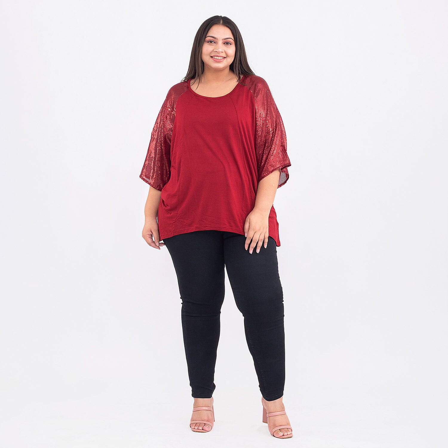TAMSY Batwing Jersey Top with Round Neck and Sequin Sleeves 7129308 0