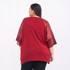 100% Viscose Batwing Jersey Top with Scoop Neck and Sequin Sleeves (One Size 8-18) - Maroon