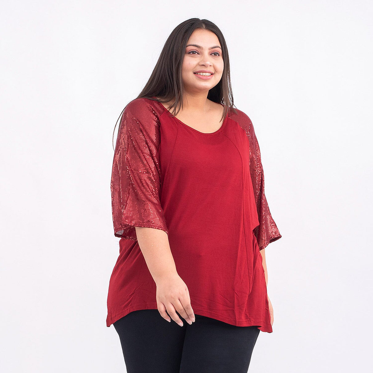 TAMSY Batwing Jersey Top with Round Neck and Sequin Sleeves 7129308 3