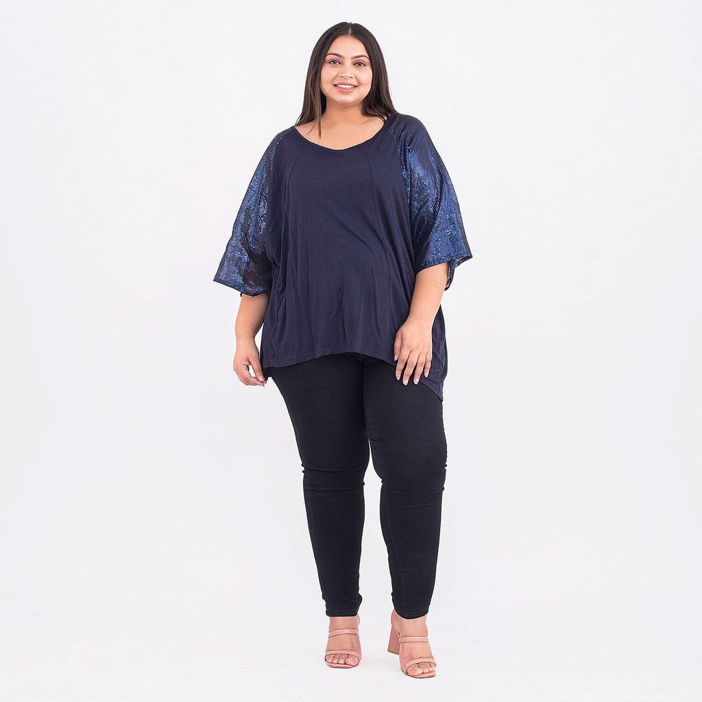 100% Viscose Batwing Jersey Top with Scoop Neck and Sequin Sleeves (One Size 8-18) - Navy