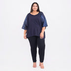 100% Viscose Batwing Jersey Top with Scoop Neck and Sequin Sleeves (One Size 8-18) - Navy