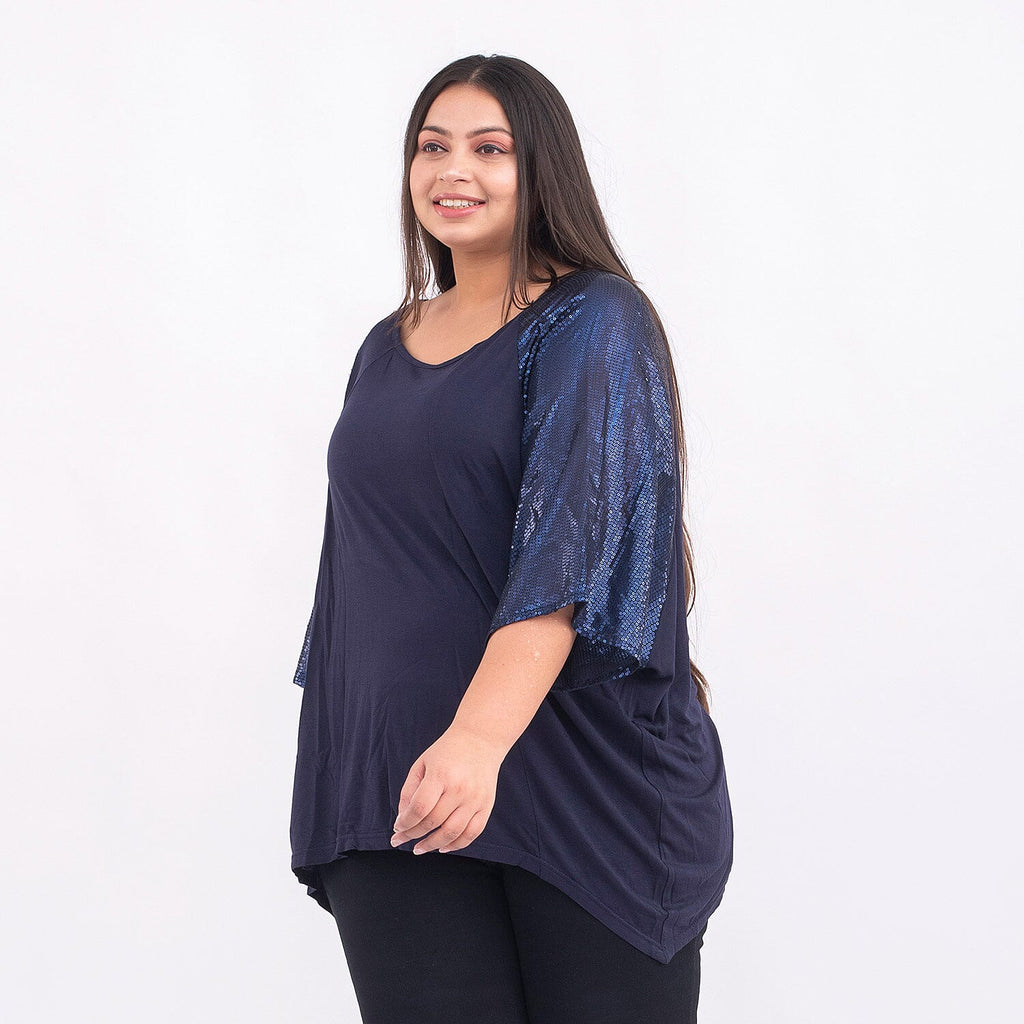100% Viscose Batwing Jersey Top with Scoop Neck and Sequin Sleeves (One Size 8-18) - Navy