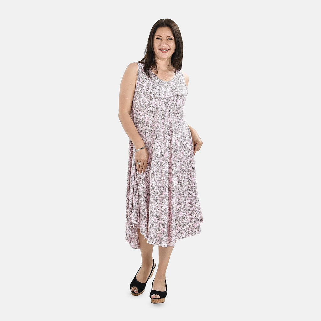 Tamsy 100% Viscose Shivering Pattern Umbrella Midi Dress (One Size) - Pink