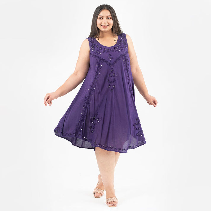 Tamsy 100% Viscose Umbrella Dress with Sequin Floral Embroidery (Size - 8-18) - Purple 8932276 1