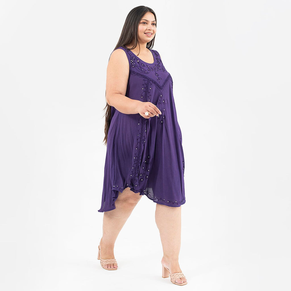 Tamsy 100% Viscose Umbrella Dress with Sequin Floral Embroidery (Size - 8-18) - Purple