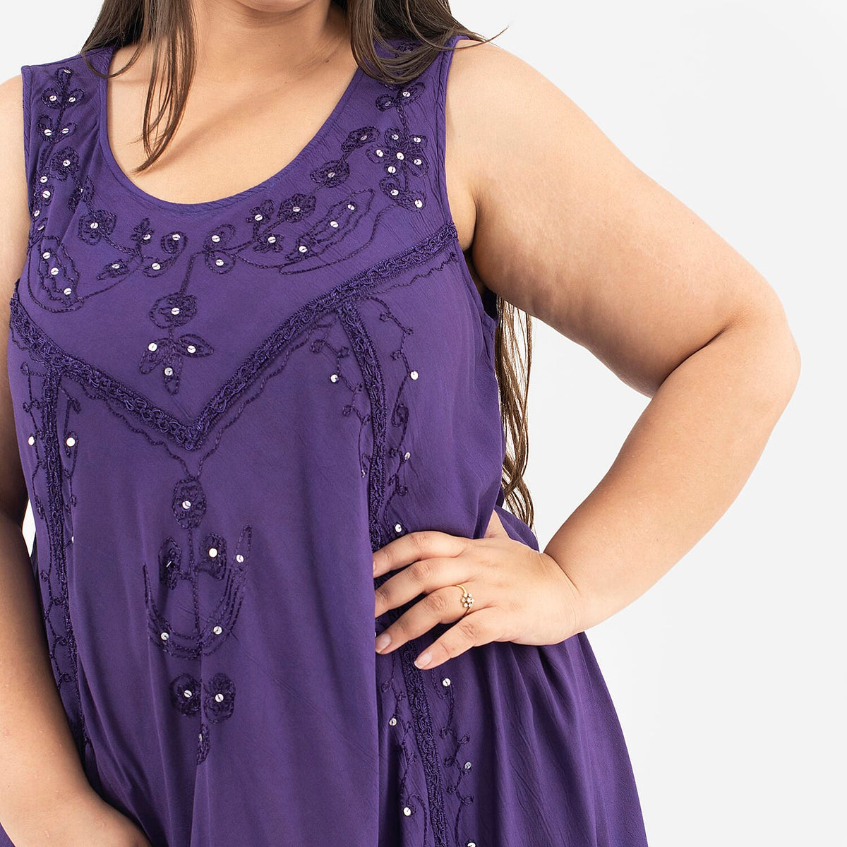 Tamsy 100% Viscose Umbrella Dress with Sequin Floral Embroidery (Size - 8-18) - Purple 8932276 4