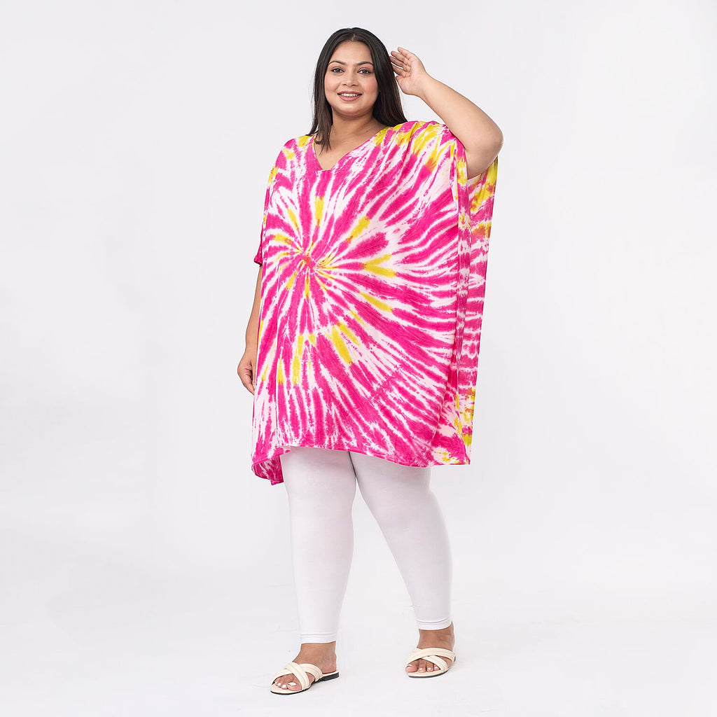 Tamsy 100% Viscose V-Neck Tie Dye Short Kaftan (One Size,8-18) - Red and Brown