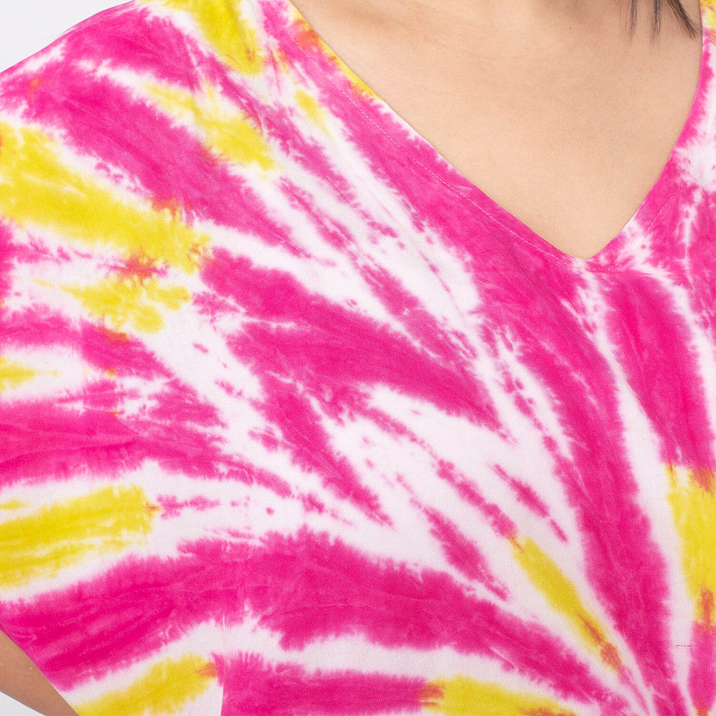 Tamsy 100% Viscose V-Neck Tie Dye Short Kaftan (One Size,8-18) - Red and Brown
