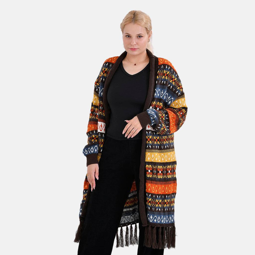Tamsy Fringed Multi-Striped Pattern Coatigan (One Size) - Multicolor