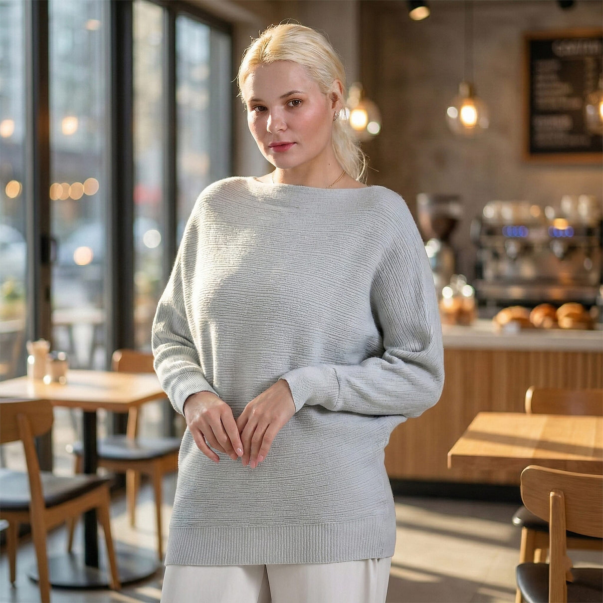 Tamsy Boat Neck Batwing Sleeve Jumper (One Size 8-18) - Light Grey 7976394 2