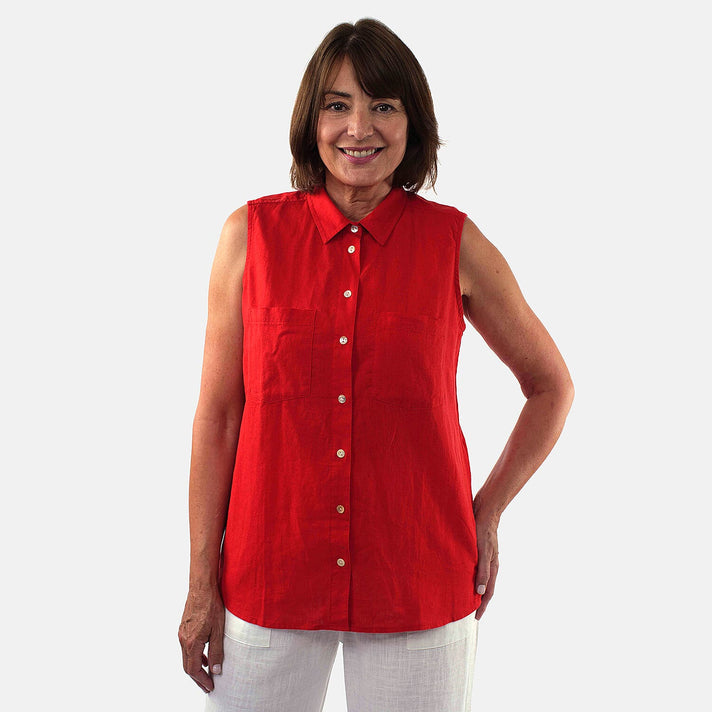 TAMSY Collared Button Front Linen Shirt with Patch Pockets 8732992 1