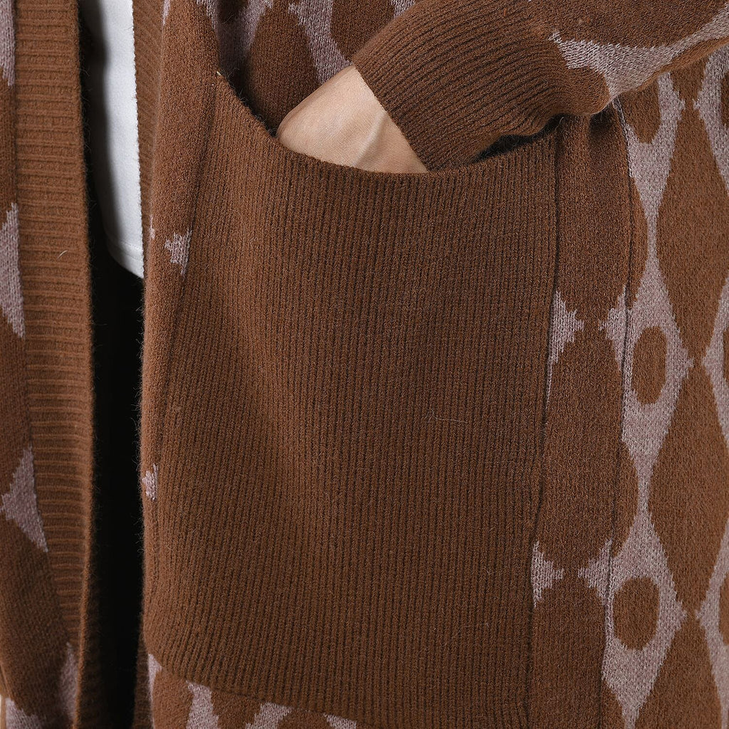 Tamsy Contrast Longline Coatigan One Size (8-22) - Brown