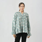LA-MAREY Pure Cotton Block Print Blouse (Size M - 12 to 14) - Turquioise & White