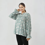 LA-MAREY Pure Cotton Block Print Blouse (Size M - 12 to 14) - Turquioise & White