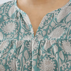 LA-MAREY Pure Cotton Block Print Blouse (Size M - 12 to 14) - Turquioise & White