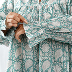 LA-MAREY Pure Cotton Block Print Blouse (Size M - 12 to 14) - Turquioise & White