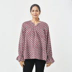 LA-MAREY Pure Cotton Block Print Blouse (Size M - 12 to 14) - Burgundy & White