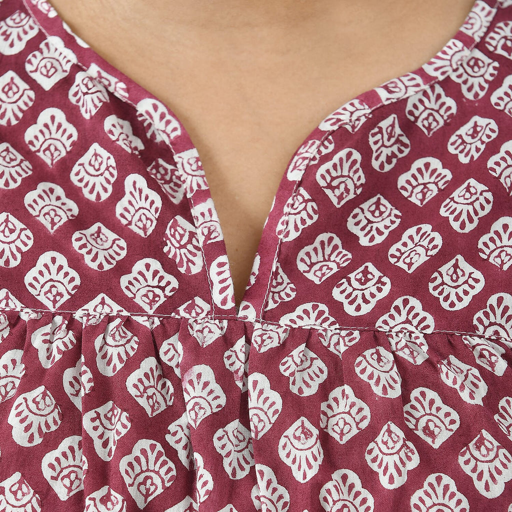 LA-MAREY Pure Cotton Block Print Blouse (Size M - 12 to 14) - Burgundy & White