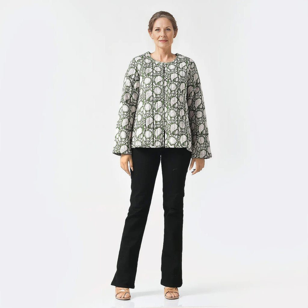 LA-MAREY Pure Cotton Block Print Quilted Jacket (Size L - 16 to 18) - Green & White