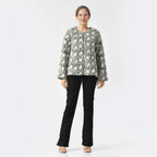 LA-MAREY Pure Cotton Block Print Quilted Jacket (Size L - 16 to 18) - Green & White