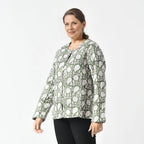 LA-MAREY Pure Cotton Block Print Quilted Jacket (Size L - 16 to 18) - Green & White
