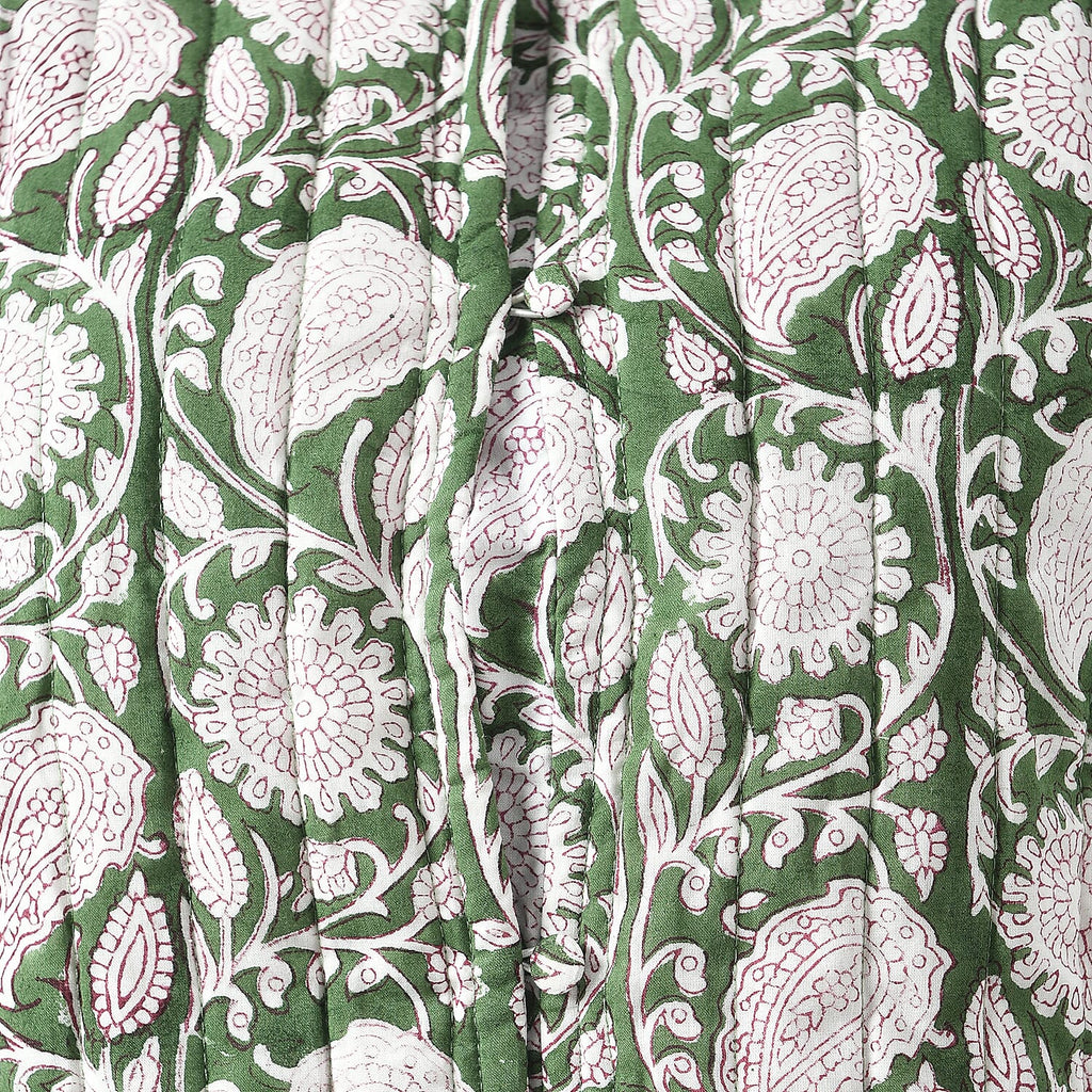 LA-MAREY Pure Cotton Block Print Quilted Jacket (Size L - 16 to 18) - Green & White
