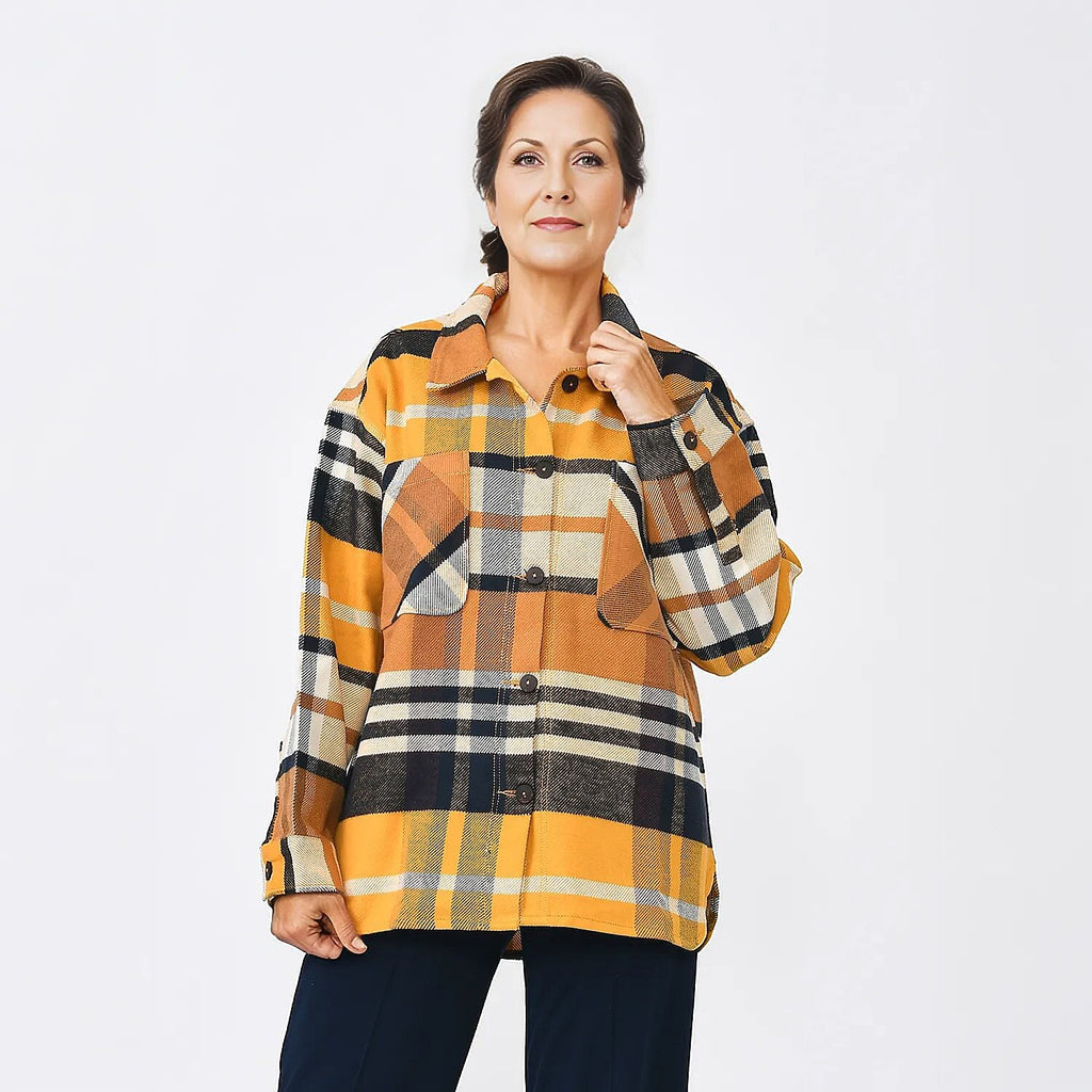 Tamsy 100% Cotton Checker Shacket With Two Pockets (Size L) - Brown - Black