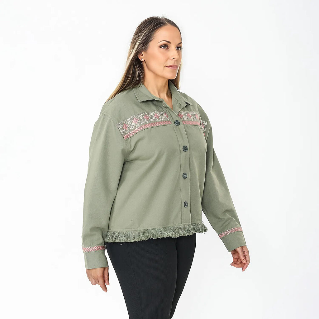 Tamsy 100% Cotton Embroidered Jacket (Size L,16-18) - Moss Green