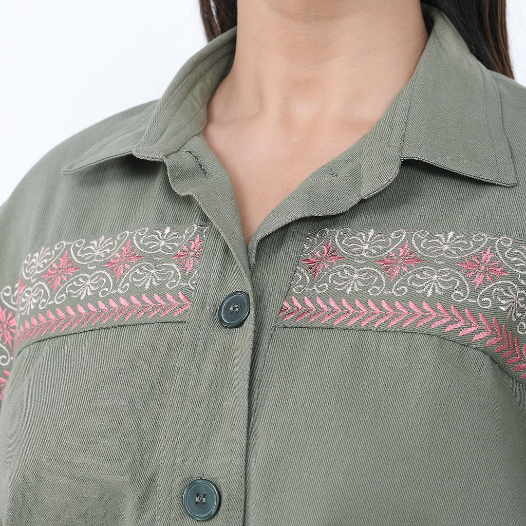Tamsy 100% Cotton Embroidered Jacket (Size L,16-18) - Moss Green