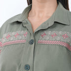 Tamsy 100% Cotton Embroidered Jacket (Size L,16-18) - Moss Green