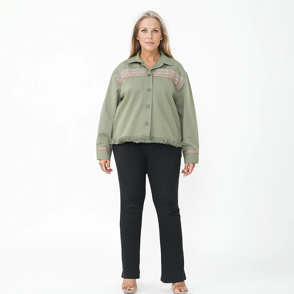 Tamsy 100% Cotton Embroidered Jacket (Size L,16-18) - Moss Green