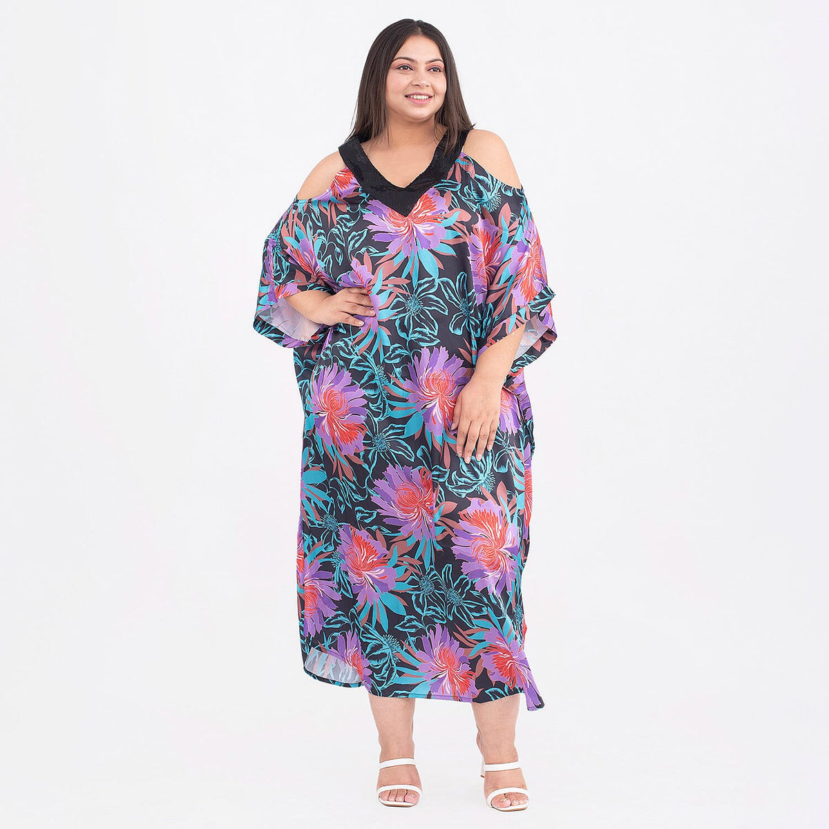 TAMSY Cold Shoulder V-Neck Floral Kaftan V32698887 0