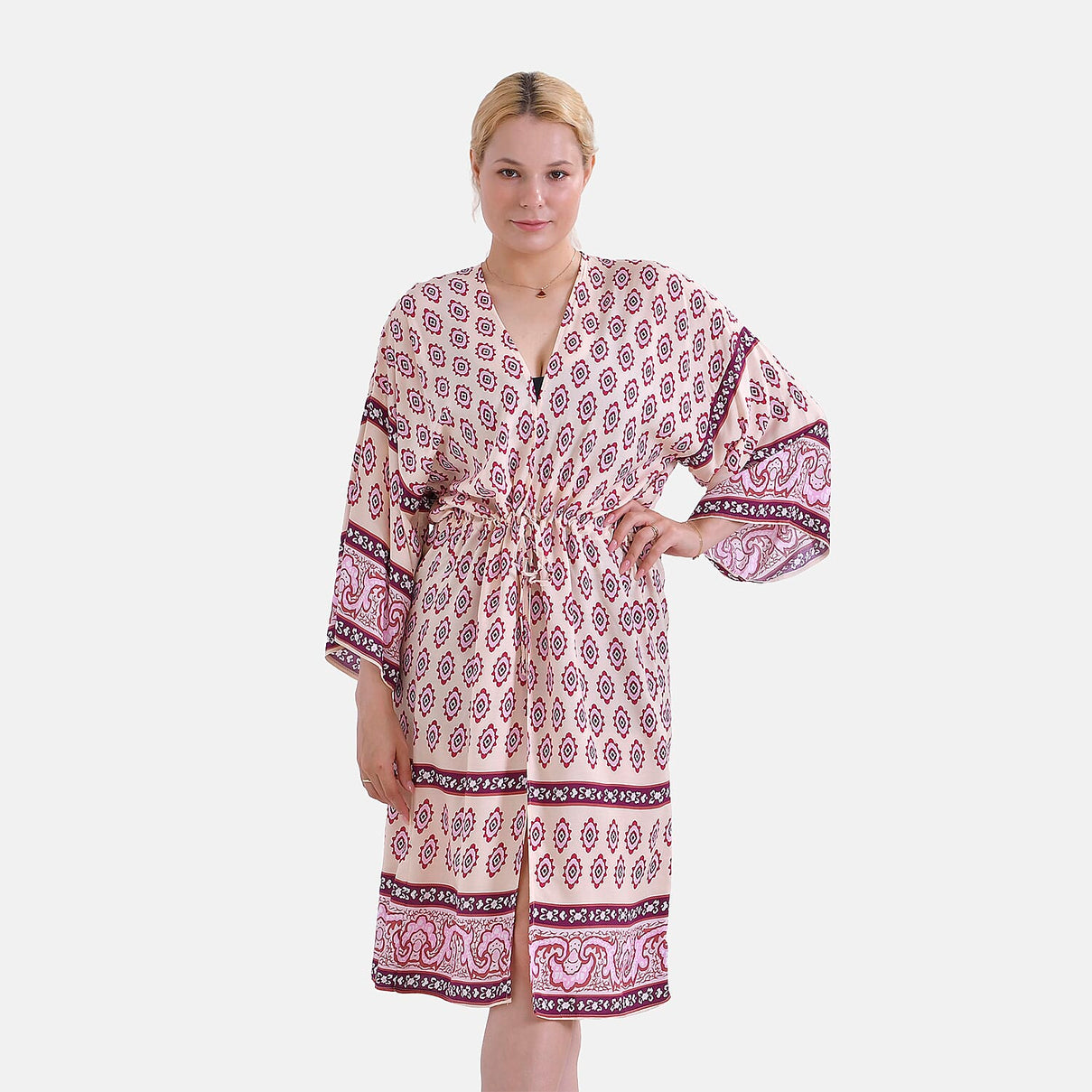 Tamsy Floral Paisley Tie Waist Kimono Dress (Onesize) - Pink &amp; White 7781370 0