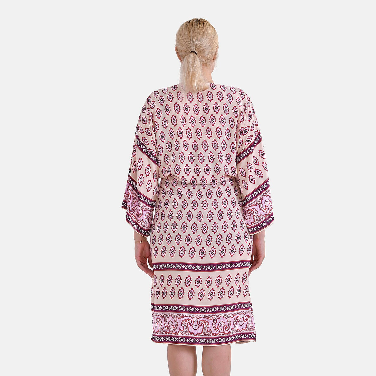Tamsy Floral Paisley Tie Waist Kimono Dress (Onesize) - Pink &amp; White 7781370 3