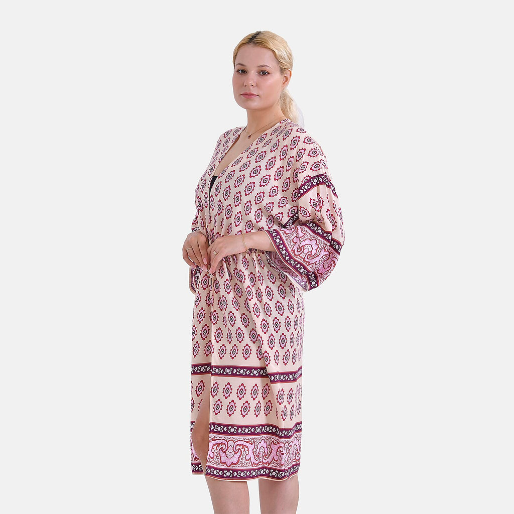 Tamsy Floral Paisley Tie Waist Kimono Dress (Onesize) - Pink & White
