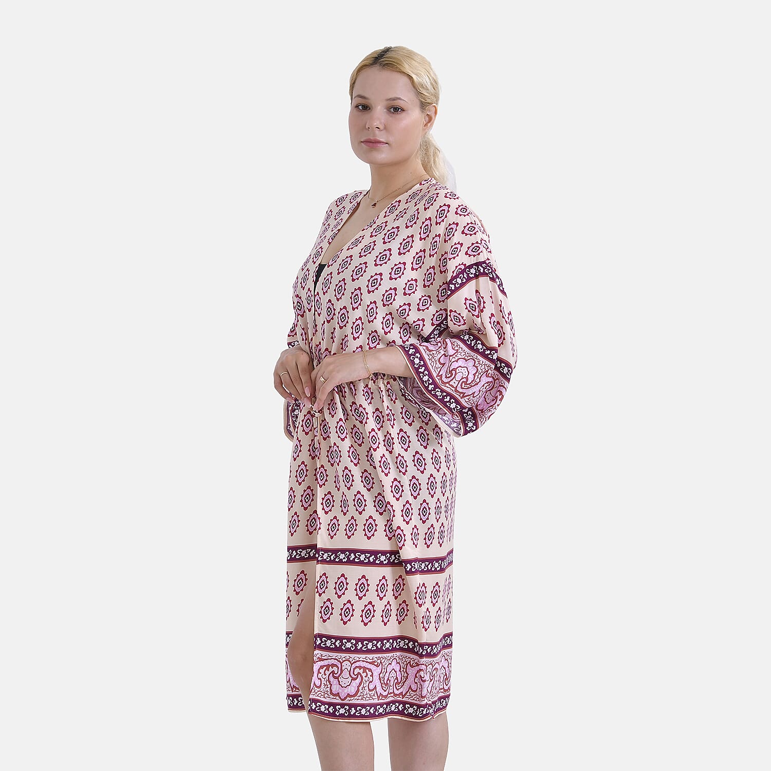 Tamsy Floral Paisley Tie Waist Kimono Dress (Onesize) - Pink &amp; White 7781370 4