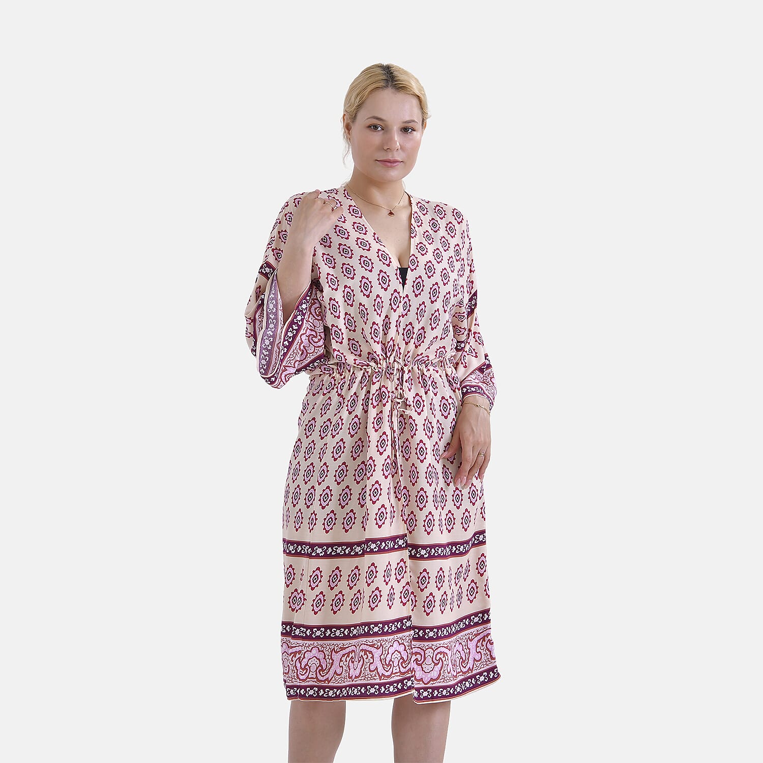Tamsy Floral Paisley Tie Waist Kimono Dress (Onesize) - Pink &amp; White 7781370 5